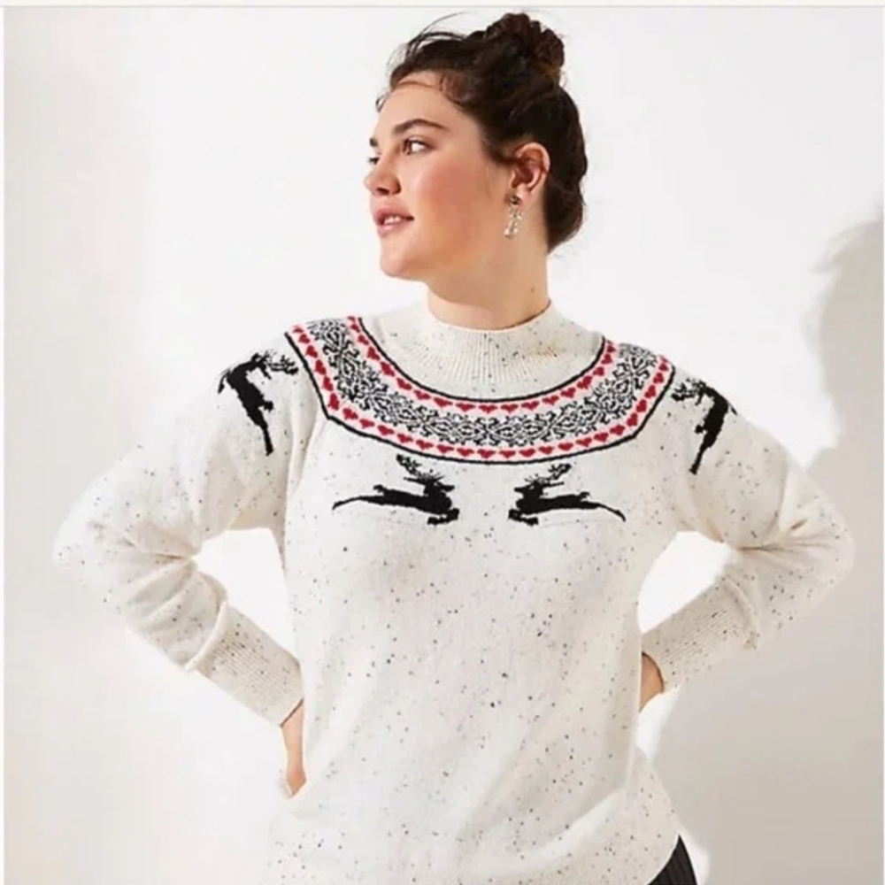 Loft Fair Isle Reindeer Winter White Mock Neck Long Sleeve Knit Sweater L